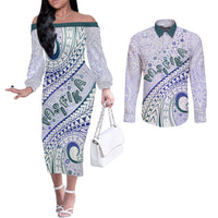 Pasifika Festival Couples Matching Off The Shoulder Long Sleeve Dress and Long Sleeve Button Shirt Tribal Pattern Violet Version LT01 Purple - Polynesian Pride
