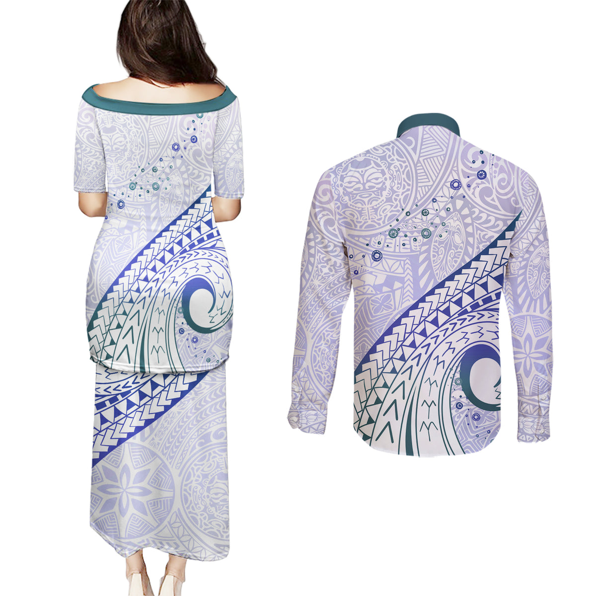 Pasifika Festival Couples Matching Puletasi and Long Sleeve Button Shirt Tribal Pattern Violet Version LT01 - Polynesian Pride