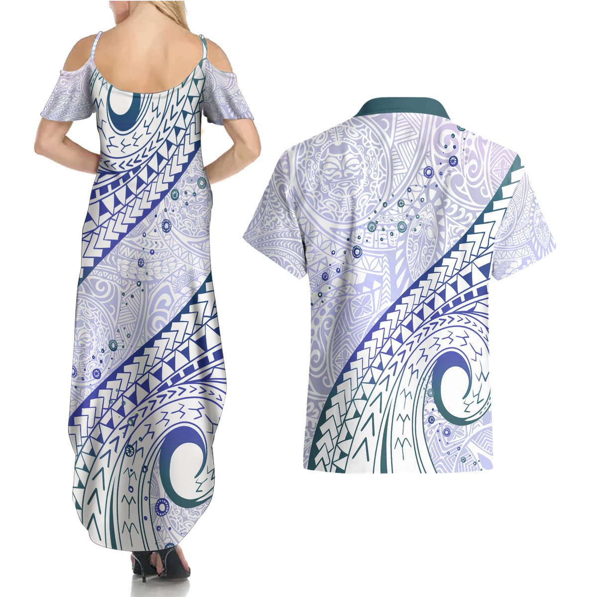 Pasifika Festival Couples Matching Summer Maxi Dress and Hawaiian Shirt Tribal Pattern Violet Version LT01 - Polynesian Pride