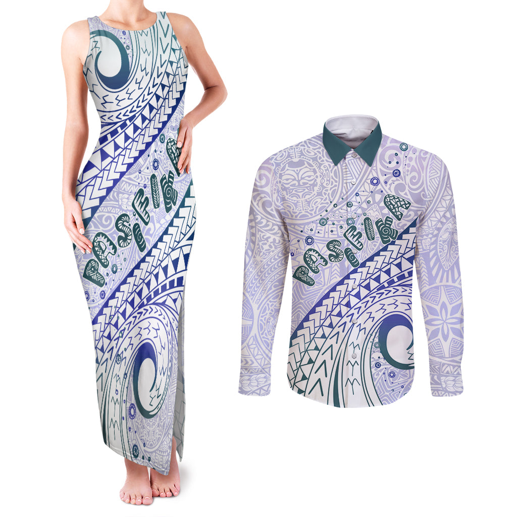 Pasifika Festival Couples Matching Tank Maxi Dress and Long Sleeve Button Shirt Tribal Pattern Violet Version LT01 Purple - Polynesian Pride