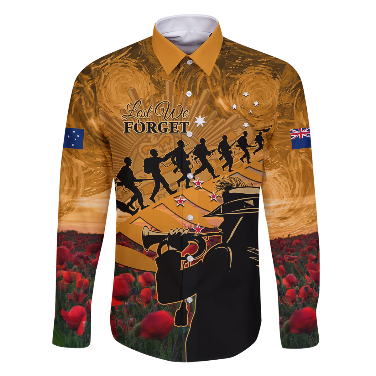 ANZAC Day 2024 Family Matching Summer Maxi Dress and Hawaiian Shirt Silver Fern With A Trumpet Soldier LT01 Dad's Shirt - Long Sleeve Art - Polynesian Pride
