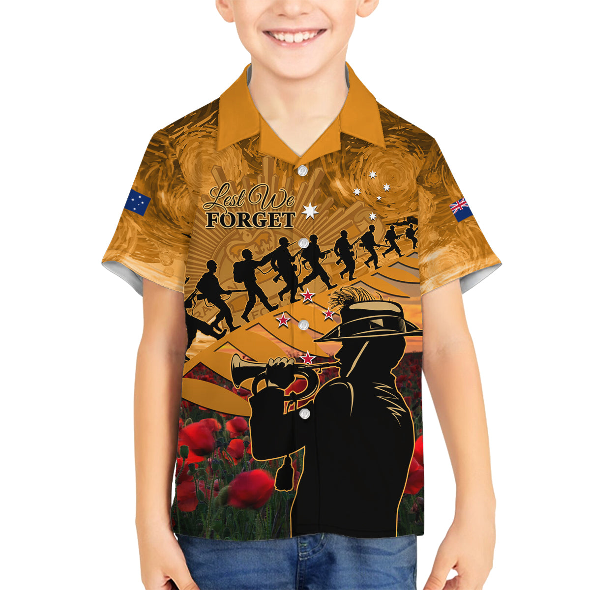 ANZAC Day 2024 Family Matching Tank Maxi Dress and Hawaiian Shirt Silver Fern With A Trumpet Soldier LT01 Son's Shirt Art - Polynesian Pride