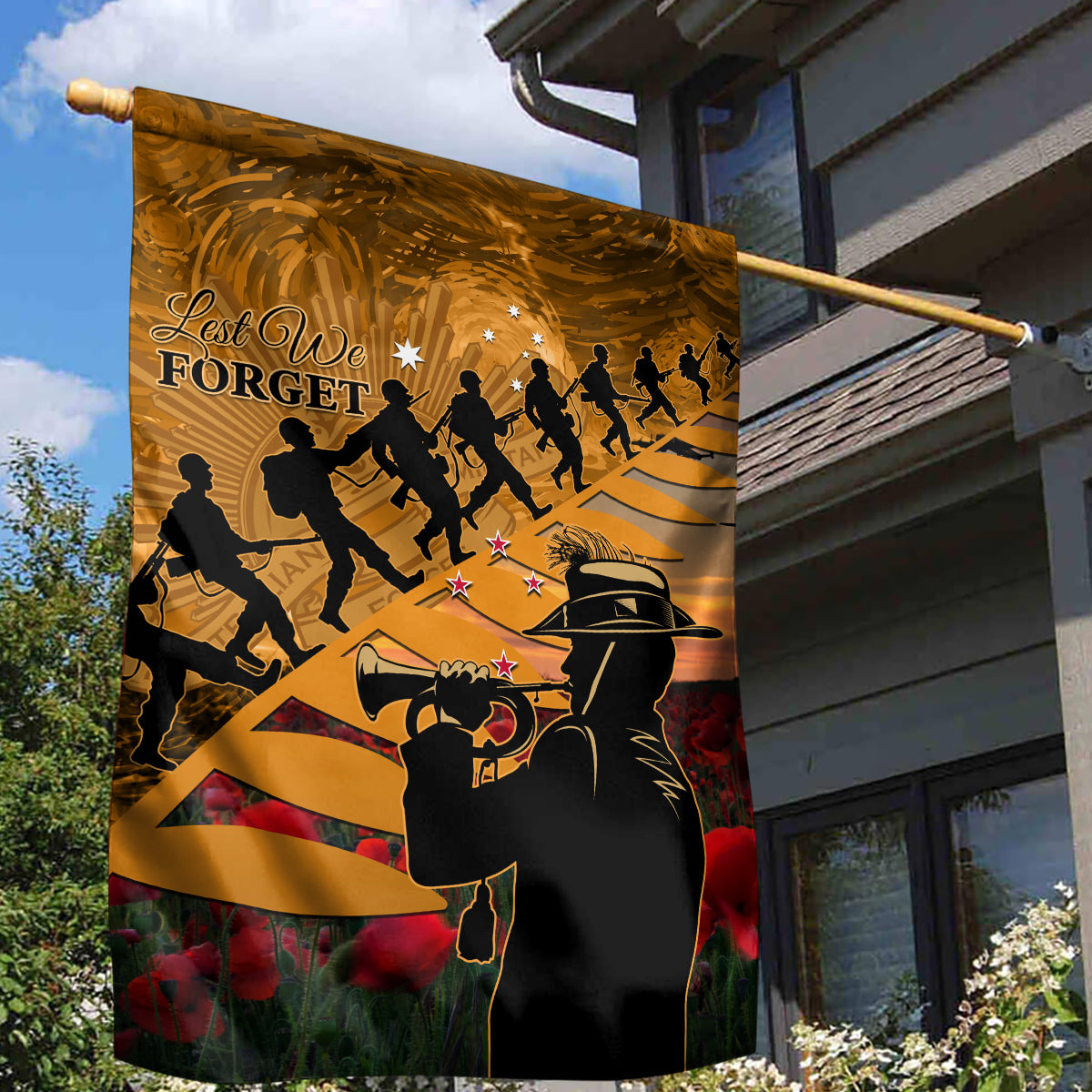ANZAC Day 2024 Garden Flag Silver Fern With A Trumpet Soldier LT01 - Polynesian Pride