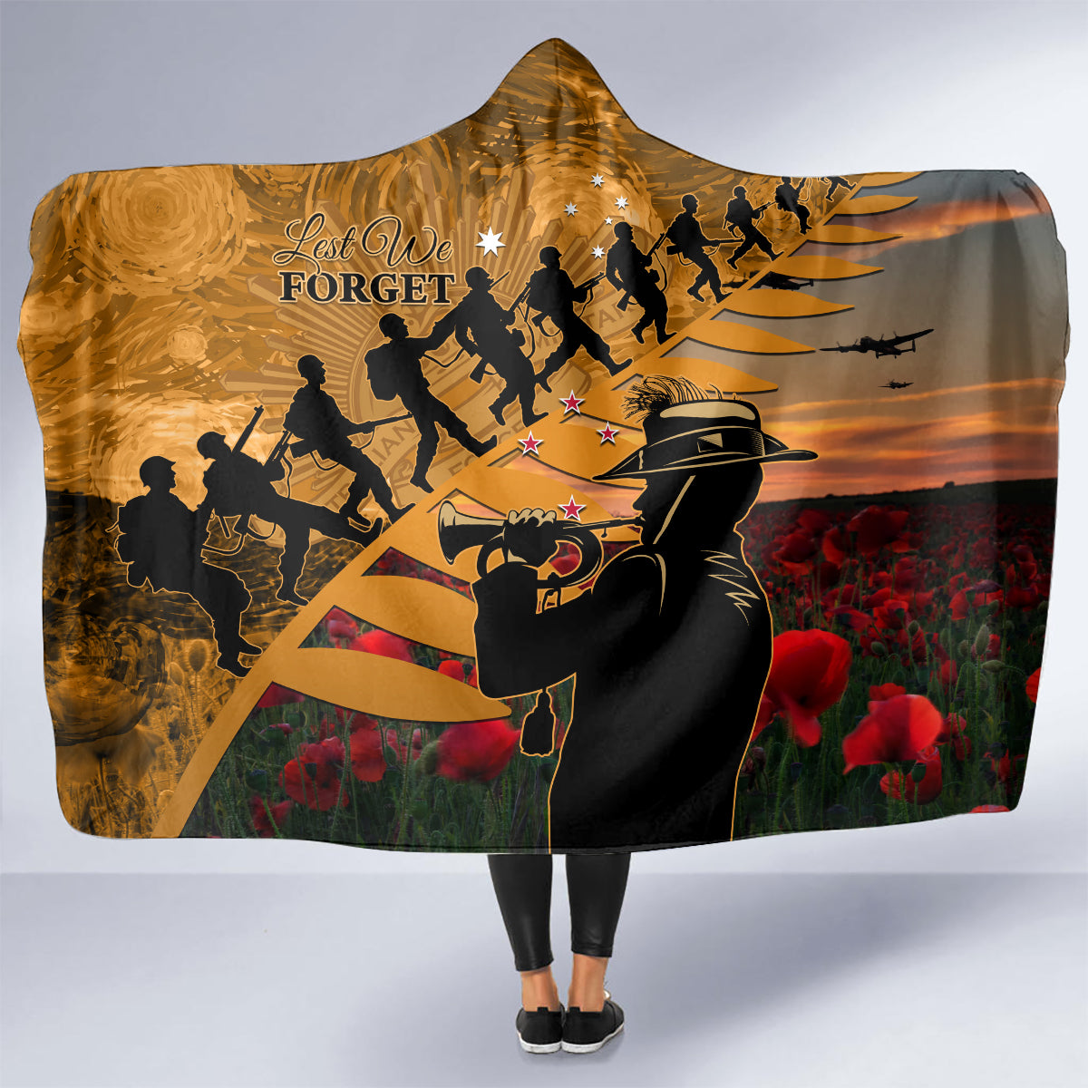 ANZAC Day 2024 Hooded Blanket Silver Fern With A Trumpet Soldier LT01 - Polynesian Pride