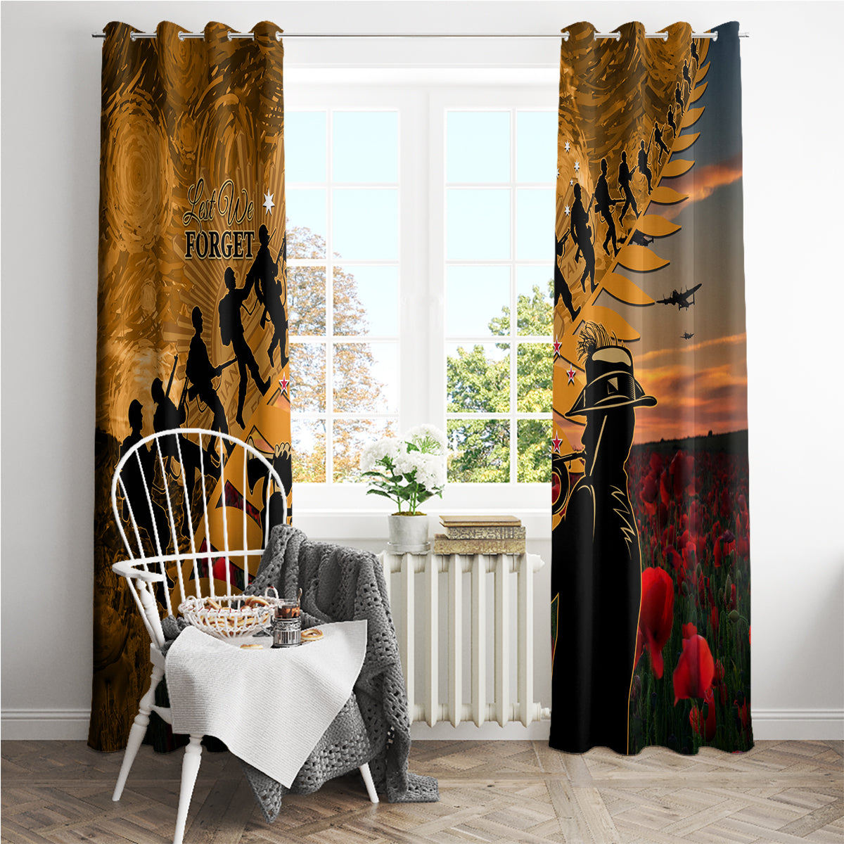 ANZAC Day 2024 Window Curtain Silver Fern With A Trumpet Soldier