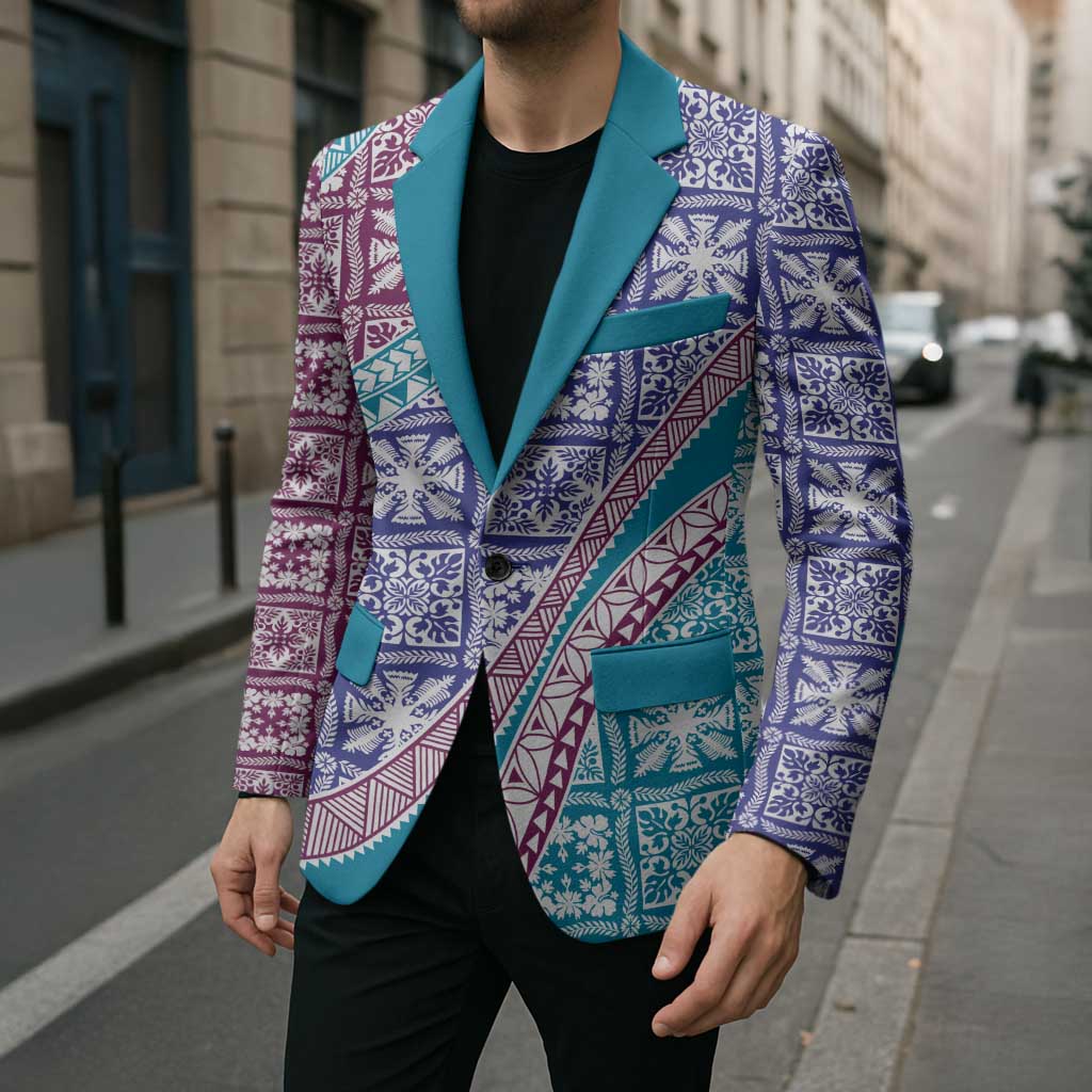 Hawaiian Quilt Pattern Blazer Purple Blue Color Mixed - Polynesian Pride