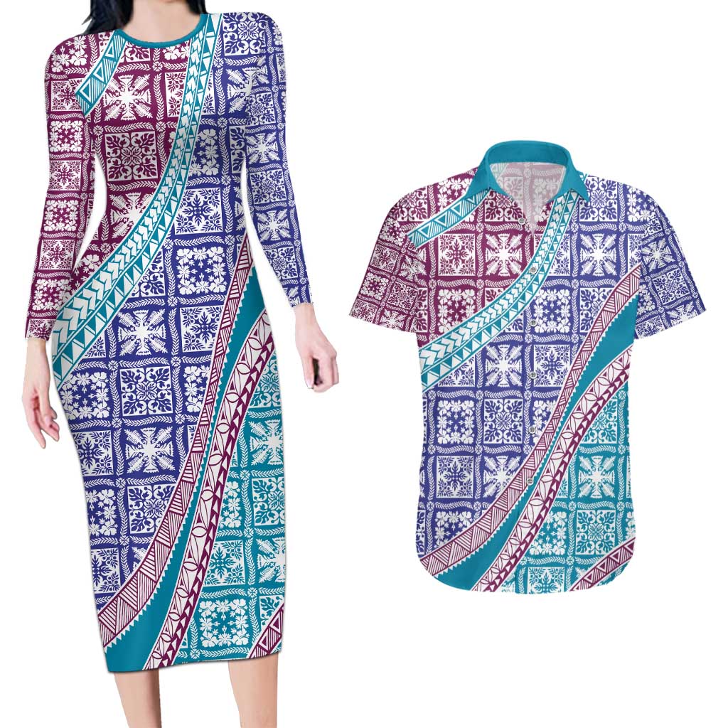 Hawaiian Quilt Pattern Couples Matching Long Sleeve Bodycon Dress and Hawaiian Shirt Purple Blue Color Mixed LT01 Purple - Polynesian Pride