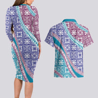 Hawaiian Quilt Pattern Couples Matching Long Sleeve Bodycon Dress and Hawaiian Shirt Purple Blue Color Mixed LT01 - Polynesian Pride
