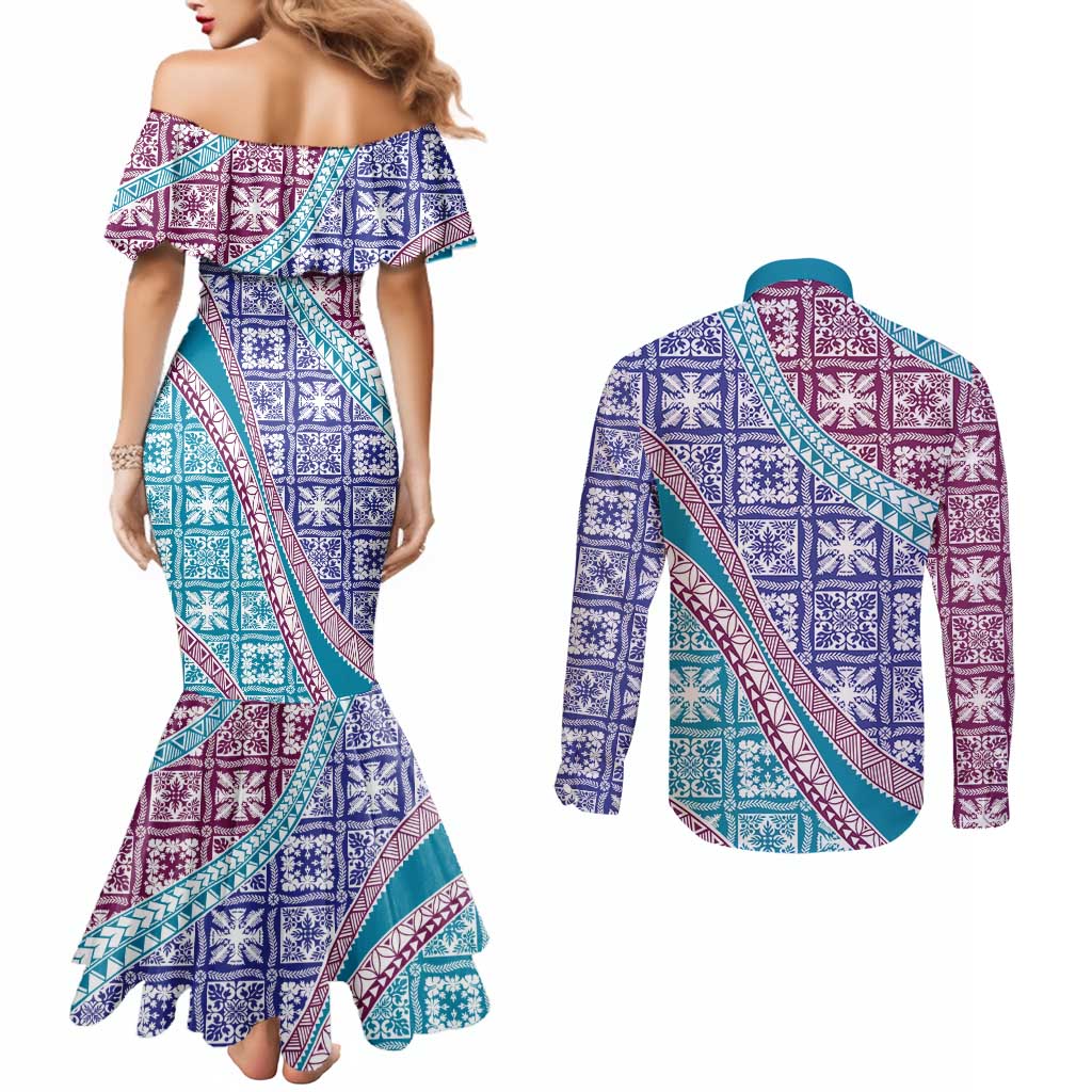 Hawaiian Quilt Pattern Couples Matching Mermaid Dress and Long Sleeve Button Shirt Purple Blue Color Mixed - Polynesian Pride