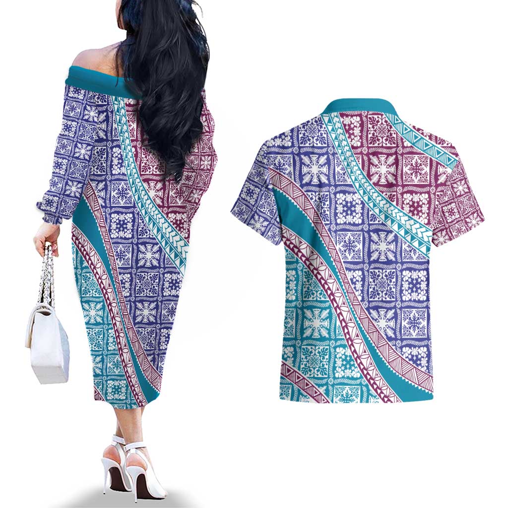 Hawaiian Quilt Pattern Couples Matching Off The Shoulder Long Sleeve Dress and Hawaiian Shirt Purple Blue Color Mixed LT01 - Polynesian Pride