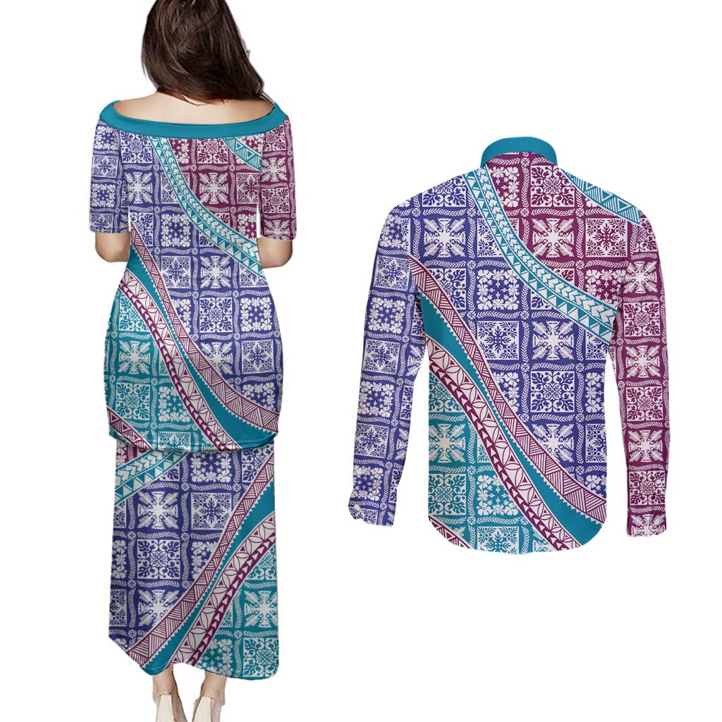 Hawaiian Quilt Pattern Couples Matching Puletasi and Long Sleeve Button Shirt Purple Blue Color Mixed - Polynesian Pride
