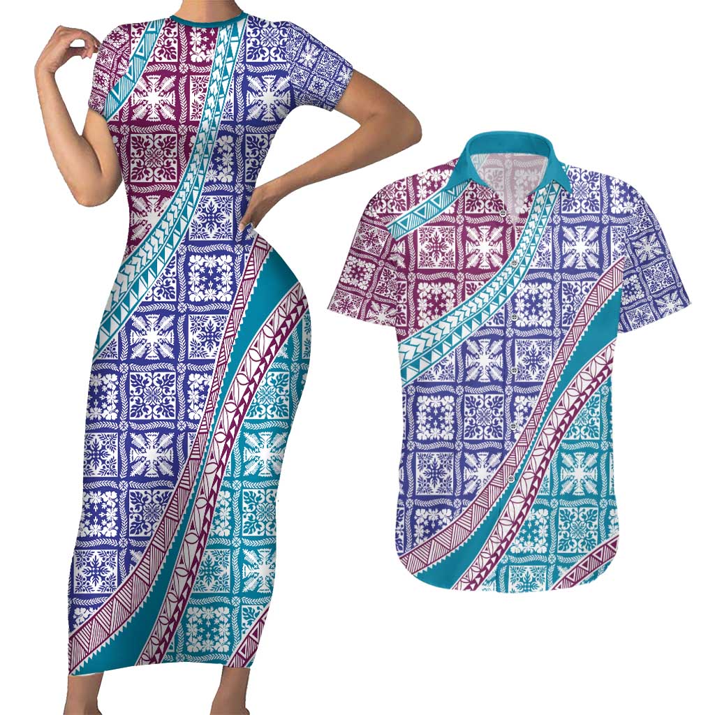 Hawaiian Quilt Pattern Couples Matching Short Sleeve Bodycon Dress and Hawaiian Shirt Purple Blue Color Mixed LT01 Purple - Polynesian Pride