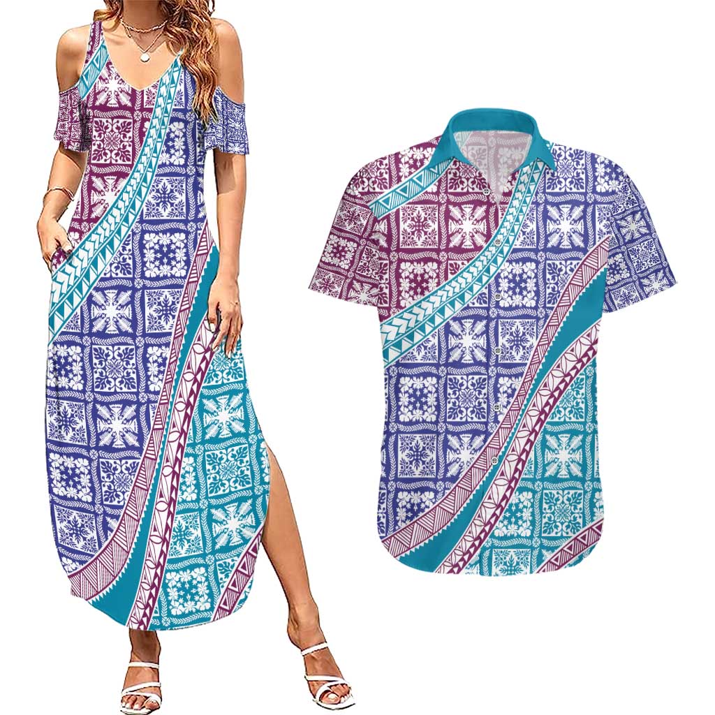 Hawaiian Quilt Pattern Couples Matching Summer Maxi Dress and Hawaiian Shirt Purple Blue Color Mixed LT01 Purple - Polynesian Pride