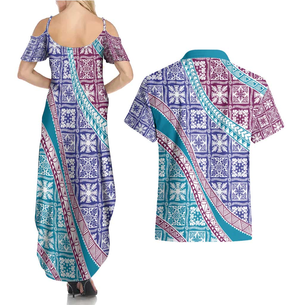 Hawaiian Quilt Pattern Couples Matching Summer Maxi Dress and Hawaiian Shirt Purple Blue Color Mixed LT01 - Polynesian Pride