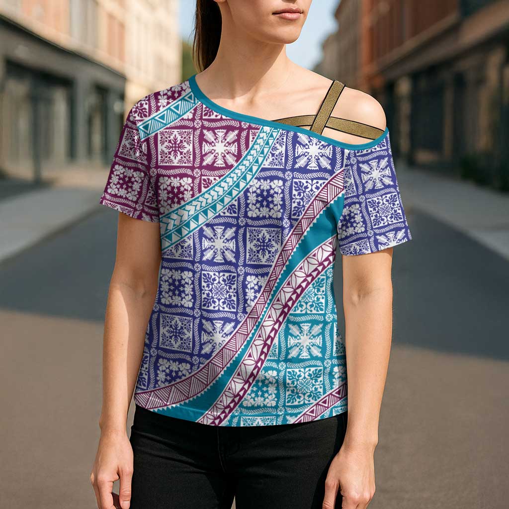 Hawaiian Quilt Pattern Cross Shoulder Shirt Purple Blue Color Mixed - Polynesian Pride