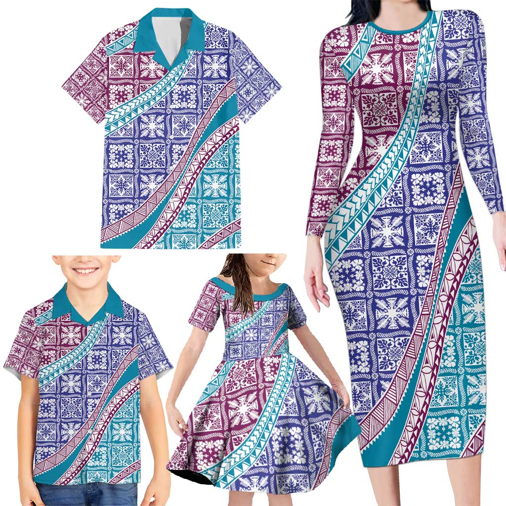Hawaiian Quilt Pattern Family Matching Long Sleeve Bodycon Dress and Hawaiian Shirt Purple Blue Color Mixed LT01 - Polynesian Pride