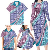 Hawaiian Quilt Pattern Family Matching Long Sleeve Bodycon Dress and Hawaiian Shirt Purple Blue Color Mixed LT01 - Polynesian Pride
