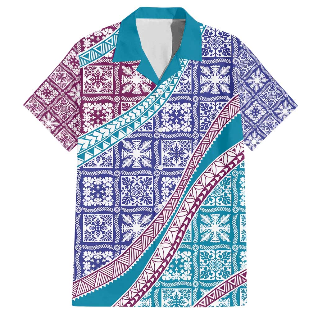 Hawaiian Quilt Pattern Family Matching Long Sleeve Bodycon Dress and Hawaiian Shirt Purple Blue Color Mixed LT01 Dad's Shirt - Short Sleeve Purple - Polynesian Pride