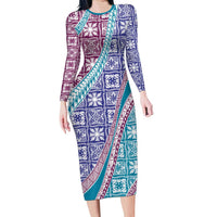 Hawaiian Quilt Pattern Family Matching Long Sleeve Bodycon Dress and Hawaiian Shirt Purple Blue Color Mixed LT01 Mom's Dress Purple - Polynesian Pride