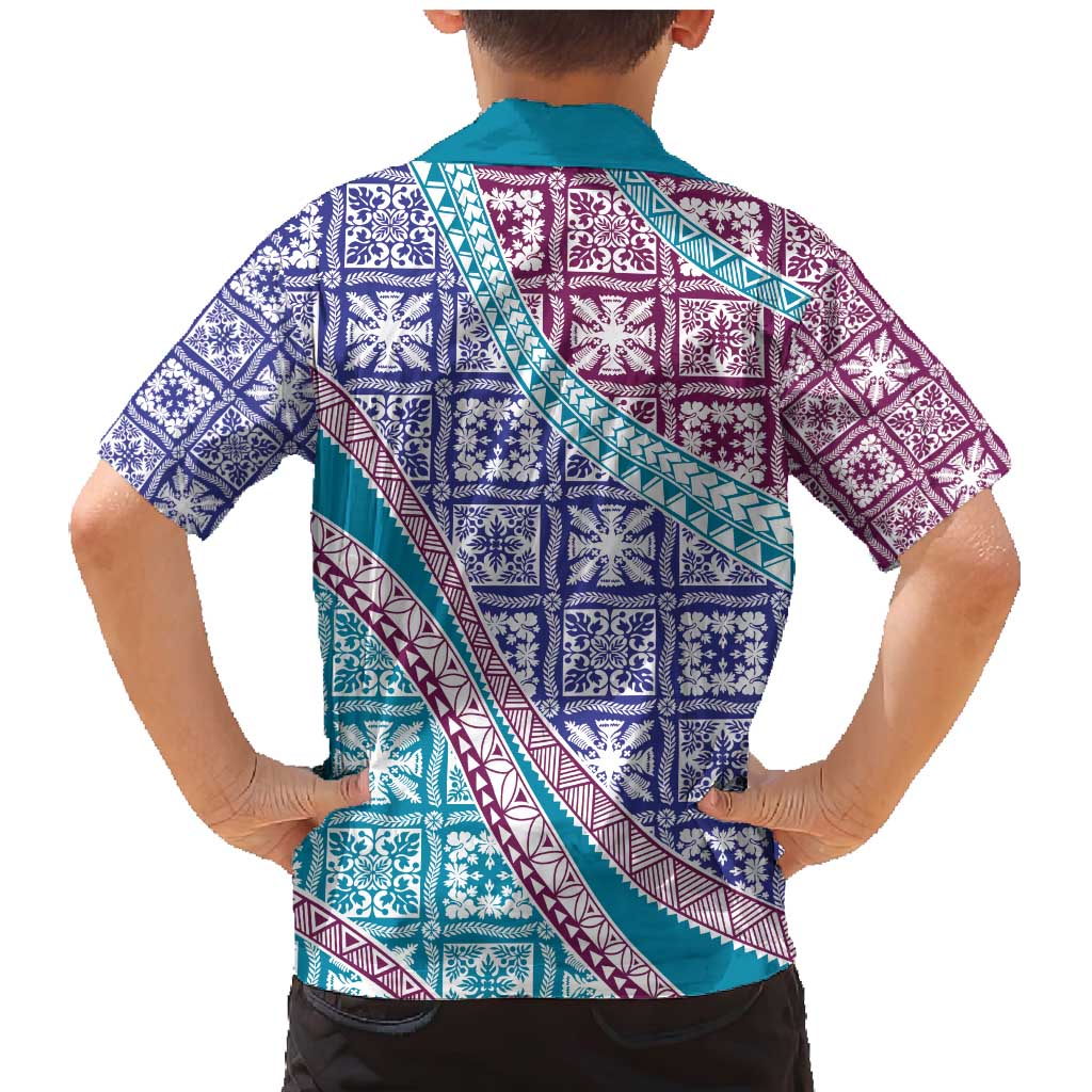 Hawaiian Quilt Pattern Family Matching Mermaid Dress and Hawaiian Shirt Purple Blue Color Mixed LT01 - Polynesian Pride