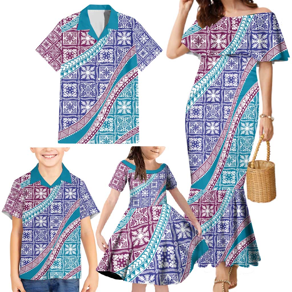 Hawaiian Quilt Pattern Family Matching Mermaid Dress and Hawaiian Shirt Purple Blue Color Mixed LT01 - Polynesian Pride