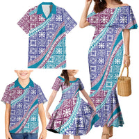 Hawaiian Quilt Pattern Family Matching Mermaid Dress and Hawaiian Shirt Purple Blue Color Mixed LT01 - Polynesian Pride