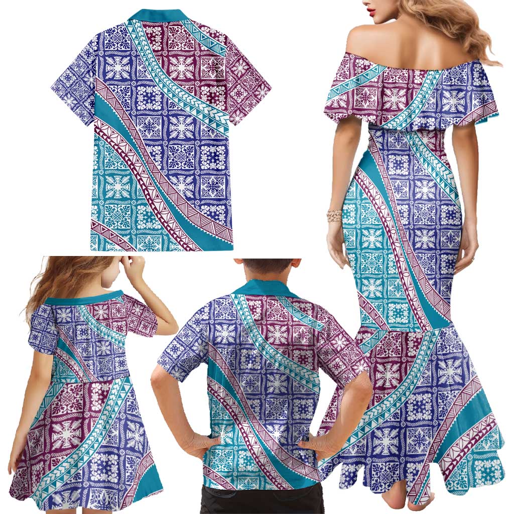 Hawaiian Quilt Pattern Family Matching Mermaid Dress and Hawaiian Shirt Purple Blue Color Mixed LT01 - Polynesian Pride