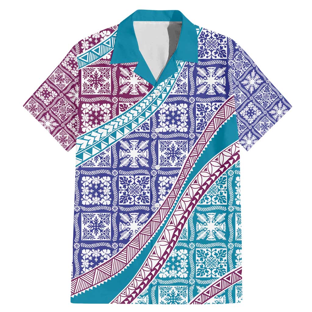 Hawaiian Quilt Pattern Family Matching Mermaid Dress and Hawaiian Shirt Purple Blue Color Mixed LT01 Dad's Shirt - Short Sleeve Purple - Polynesian Pride