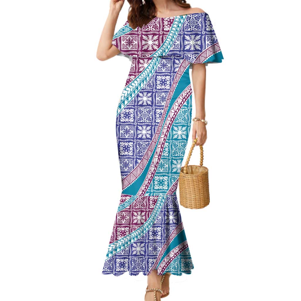 Hawaiian Quilt Pattern Family Matching Mermaid Dress and Hawaiian Shirt Purple Blue Color Mixed LT01 Mom's Dress Purple - Polynesian Pride