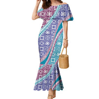 Hawaiian Quilt Pattern Family Matching Mermaid Dress and Hawaiian Shirt Purple Blue Color Mixed LT01 Mom's Dress Purple - Polynesian Pride