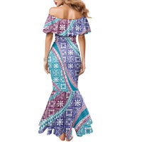 Hawaiian Quilt Pattern Family Matching Mermaid Dress and Hawaiian Shirt Purple Blue Color Mixed LT01 - Polynesian Pride