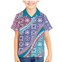 Hawaiian Quilt Pattern Family Matching Mermaid Dress and Hawaiian Shirt Purple Blue Color Mixed LT01 Son's Shirt Purple - Polynesian Pride