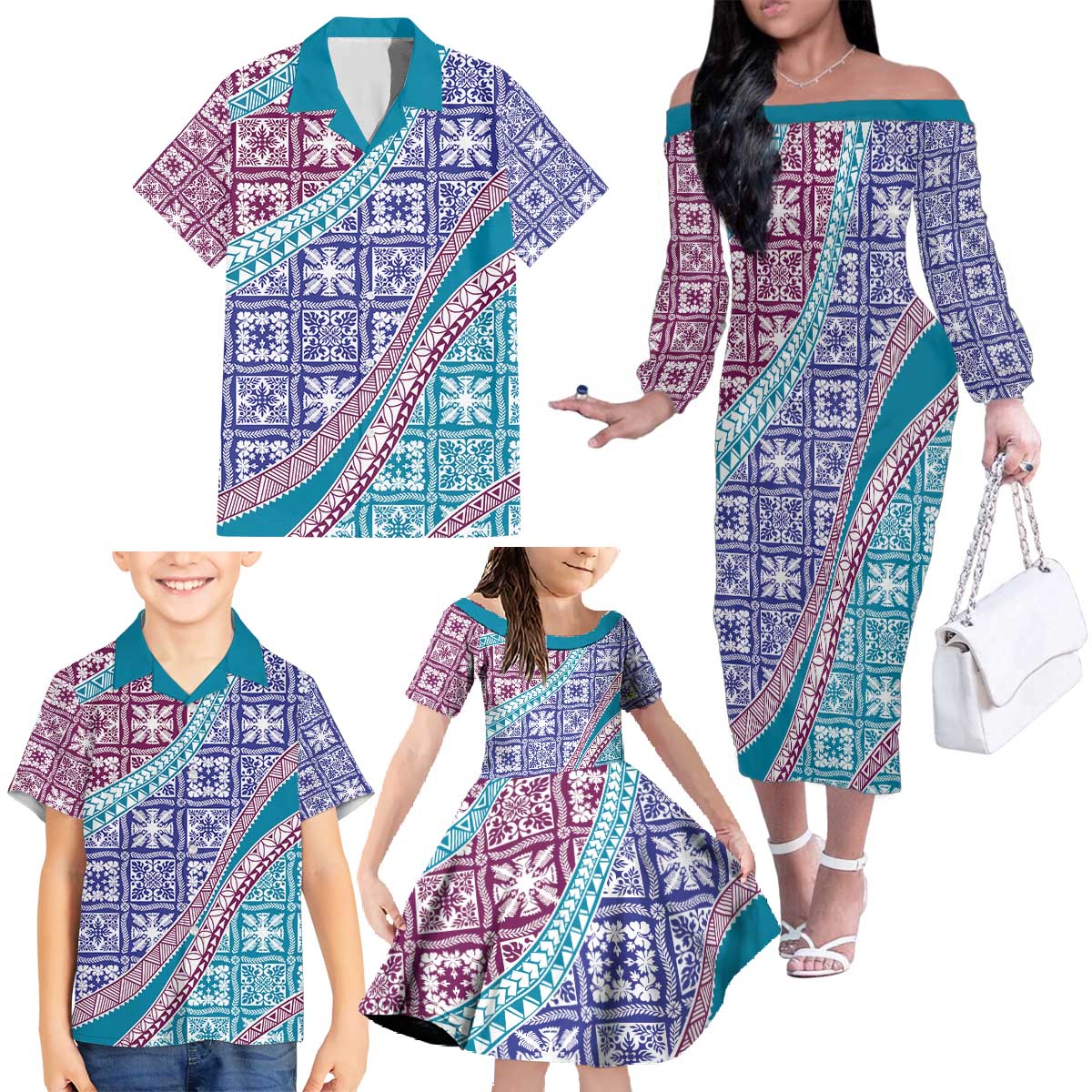 Hawaiian Quilt Pattern Family Matching Off The Shoulder Long Sleeve Dress and Hawaiian Shirt Purple Blue Color Mixed LT01 - Polynesian Pride