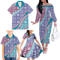 Hawaiian Quilt Pattern Family Matching Off The Shoulder Long Sleeve Dress and Hawaiian Shirt Purple Blue Color Mixed LT01 - Polynesian Pride