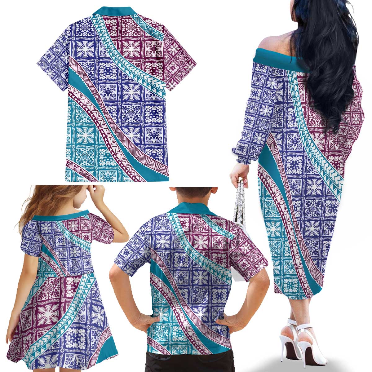 Hawaiian Quilt Pattern Family Matching Off The Shoulder Long Sleeve Dress and Hawaiian Shirt Purple Blue Color Mixed LT01 - Polynesian Pride