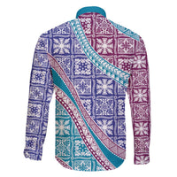 Hawaiian Quilt Pattern Family Matching Off The Shoulder Long Sleeve Dress and Hawaiian Shirt Purple Blue Color Mixed LT01 - Polynesian Pride