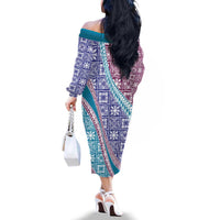 Hawaiian Quilt Pattern Family Matching Off The Shoulder Long Sleeve Dress and Hawaiian Shirt Purple Blue Color Mixed LT01 - Polynesian Pride