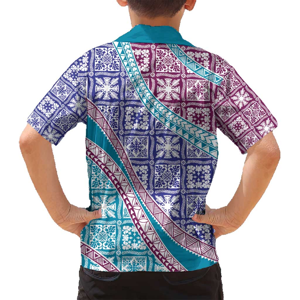 Hawaiian Quilt Pattern Family Matching Off Shoulder Maxi Dress and Hawaiian Shirt Purple Blue Color Mixed LT01 - Polynesian Pride
