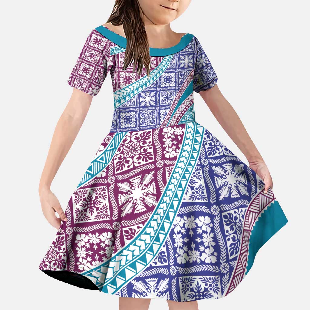 Hawaiian Quilt Pattern Family Matching Off Shoulder Maxi Dress and Hawaiian Shirt Purple Blue Color Mixed LT01 Daughter's Dress Purple - Polynesian Pride