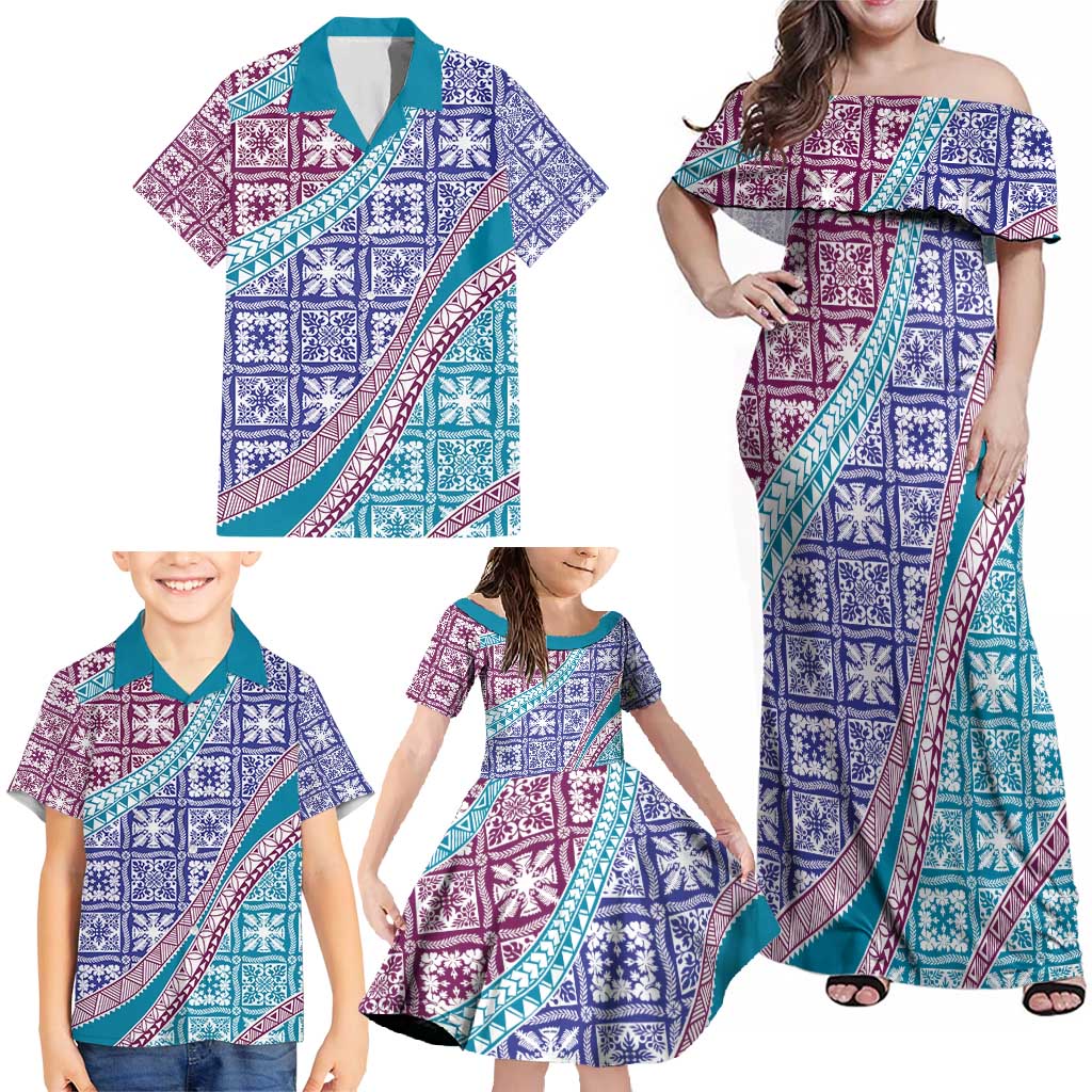 Hawaiian Quilt Pattern Family Matching Off Shoulder Maxi Dress and Hawaiian Shirt Purple Blue Color Mixed LT01 - Polynesian Pride