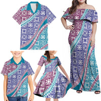 Hawaiian Quilt Pattern Family Matching Off Shoulder Maxi Dress and Hawaiian Shirt Purple Blue Color Mixed LT01 - Polynesian Pride