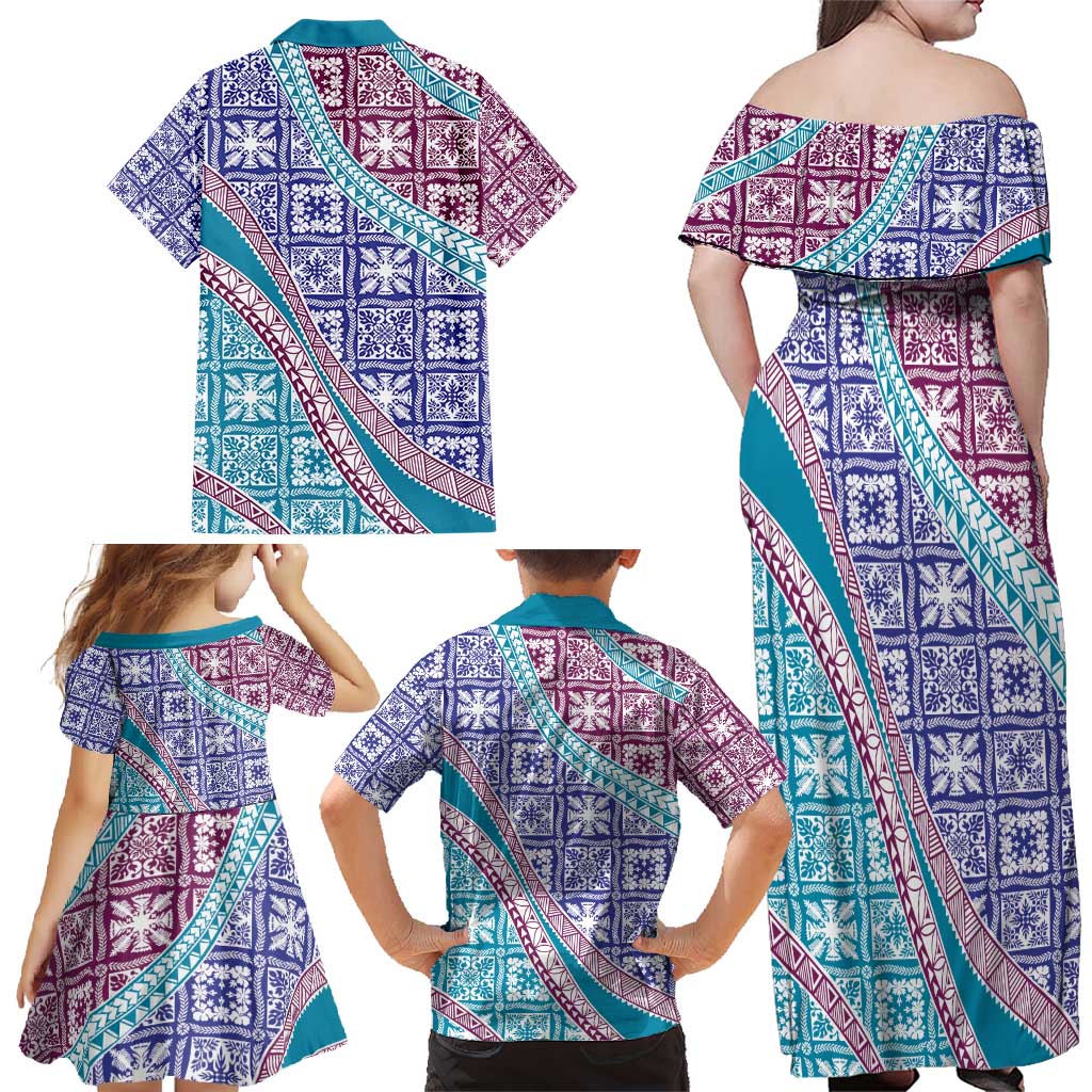 Hawaiian Quilt Pattern Family Matching Off Shoulder Maxi Dress and Hawaiian Shirt Purple Blue Color Mixed LT01 - Polynesian Pride