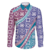 Hawaiian Quilt Pattern Family Matching Off Shoulder Maxi Dress and Hawaiian Shirt Purple Blue Color Mixed LT01 Dad's Shirt - Long Sleeve Purple - Polynesian Pride