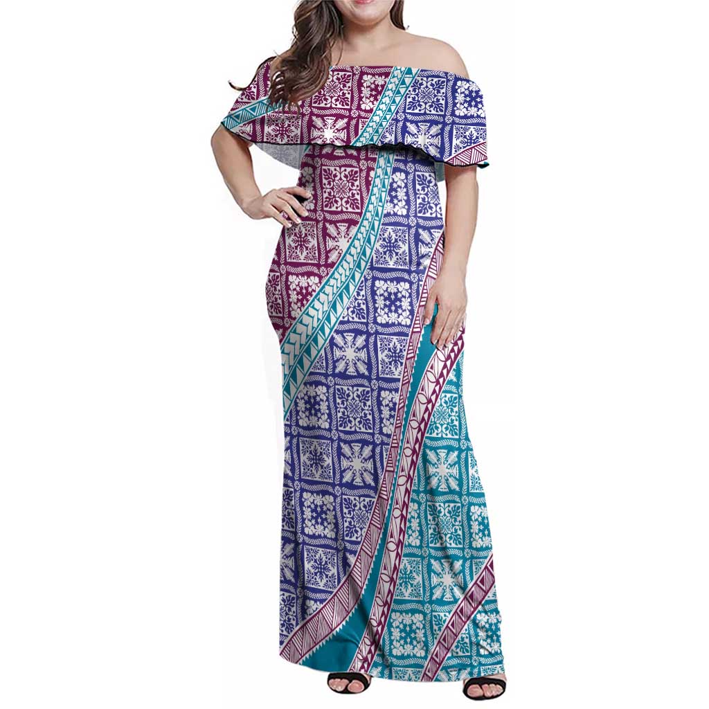 Hawaiian Quilt Pattern Family Matching Off Shoulder Maxi Dress and Hawaiian Shirt Purple Blue Color Mixed LT01 Mom's Dress Purple - Polynesian Pride