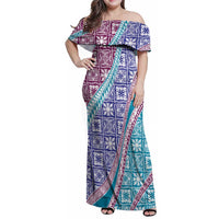 Hawaiian Quilt Pattern Family Matching Off Shoulder Maxi Dress and Hawaiian Shirt Purple Blue Color Mixed LT01 Mom's Dress Purple - Polynesian Pride