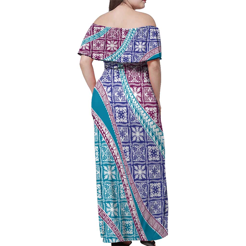 Hawaiian Quilt Pattern Family Matching Off Shoulder Maxi Dress and Hawaiian Shirt Purple Blue Color Mixed LT01 - Polynesian Pride