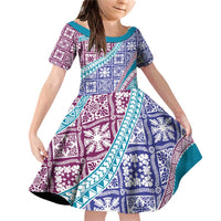 Hawaiian Quilt Pattern Family Matching Off Shoulder Short Dress and Hawaiian Shirt Purple Blue Color Mixed LT01 Daughter's Dress Purple - Polynesian Pride