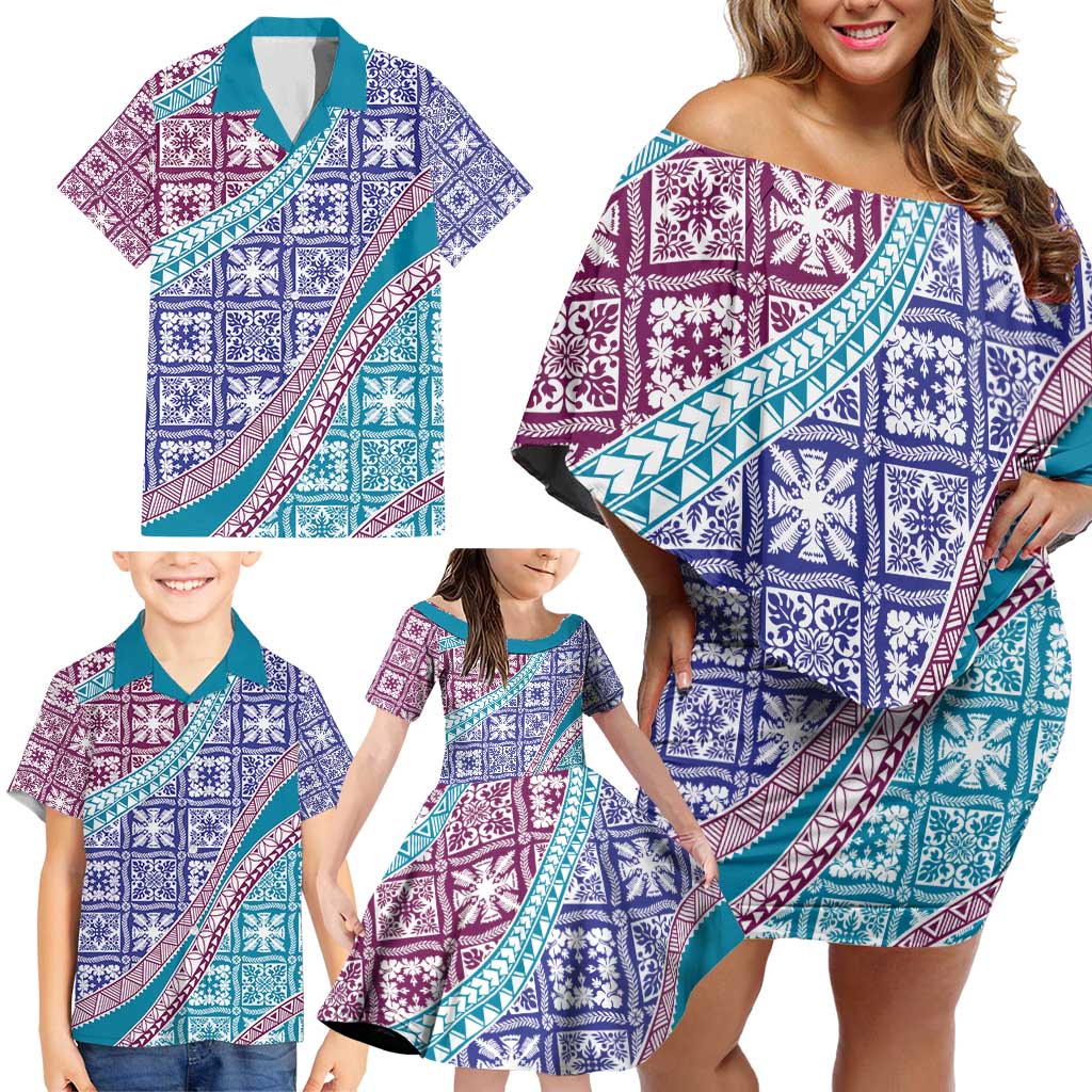 Hawaiian Quilt Pattern Family Matching Off Shoulder Short Dress and Hawaiian Shirt Purple Blue Color Mixed LT01 - Polynesian Pride