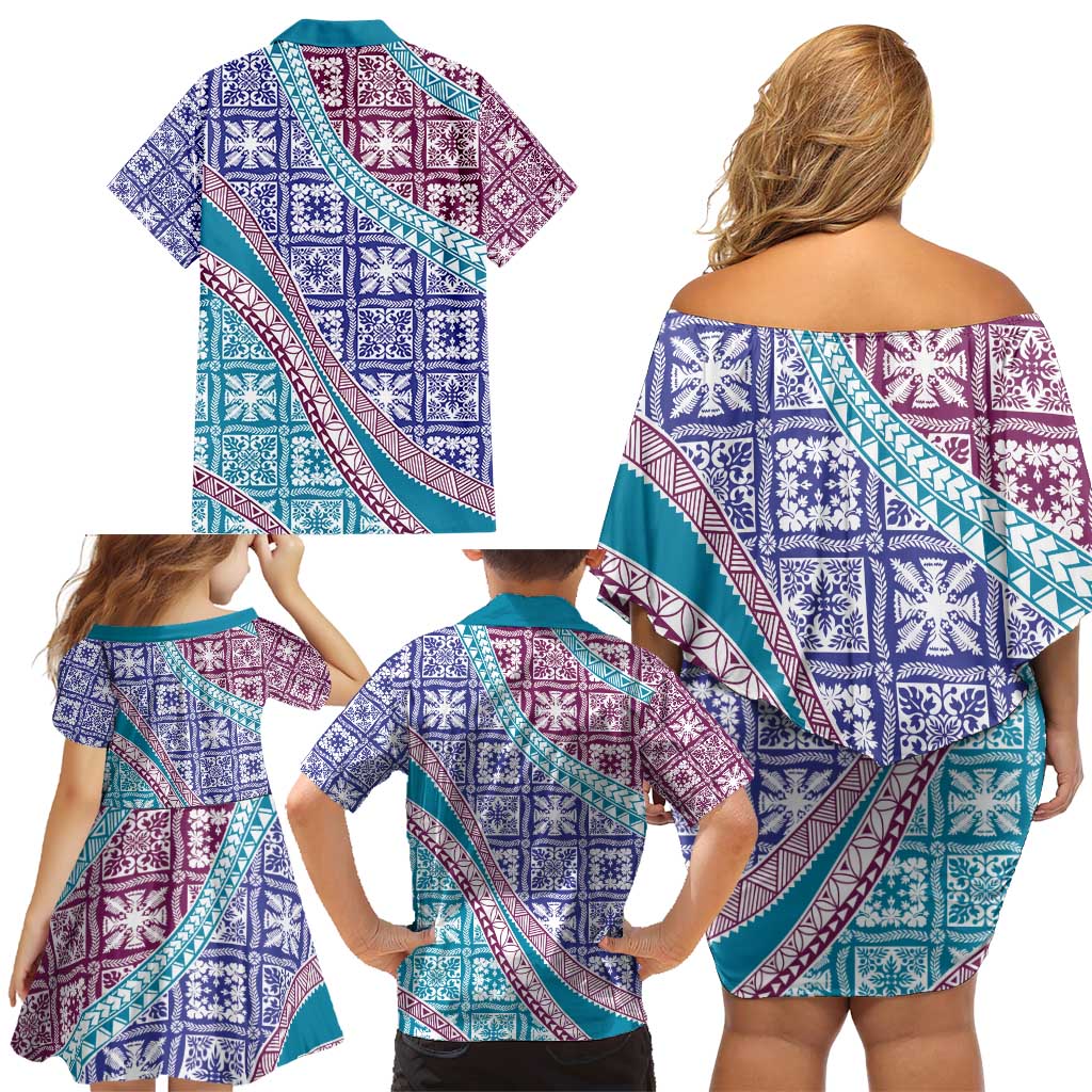 Hawaiian Quilt Pattern Family Matching Off Shoulder Short Dress and Hawaiian Shirt Purple Blue Color Mixed LT01 - Polynesian Pride