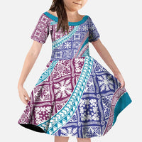 Hawaiian Quilt Pattern Family Matching Short Sleeve Bodycon Dress and Hawaiian Shirt Purple Blue Color Mixed LT01 Daughter's Dress Purple - Polynesian Pride